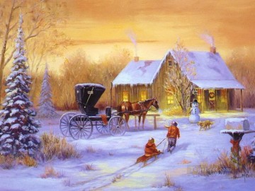  Navidad Lienzo - Carro navideño con caballo y niños con perro.